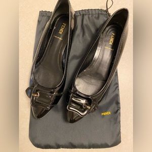 FENDI Black Patent Leather Buckle Flats - Size 38 / US 8